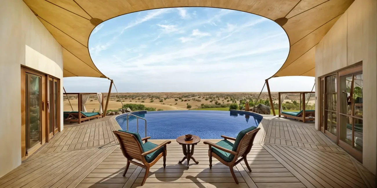 Luxury villa deck with infinity pool, wooden chairs, and desert views under shade sails.