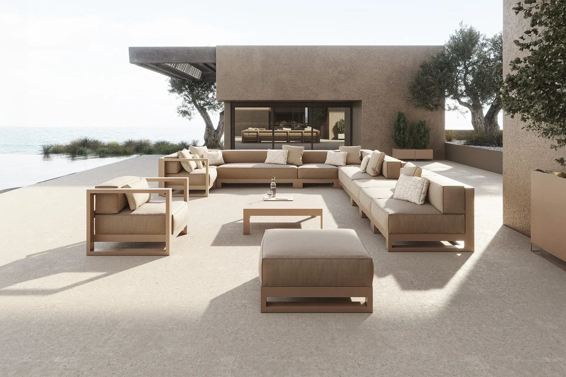 Modern Villas luxury outdoor lounge with sofas, armchairs, and a coffee table