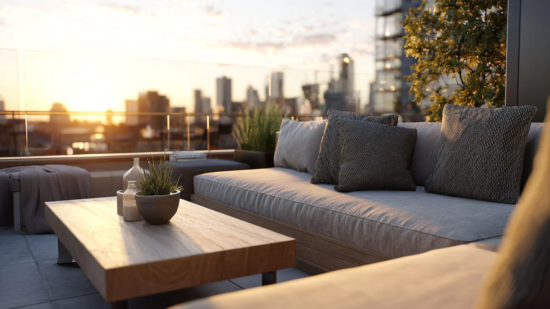 Luxury apartment terrace with curved seating, modern coffee table, and panoramic views of London’s skyline and Hyde Park.