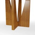 Close-up of the geometric wooden base of the Alba Dining Chair by Mediterrazza, showcasing the interwoven iroko wood supports and their rich, natural grain.