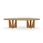 A forward perspective of the Alba table, where the architectural wooden legs support a thick, rectangular travertine top.