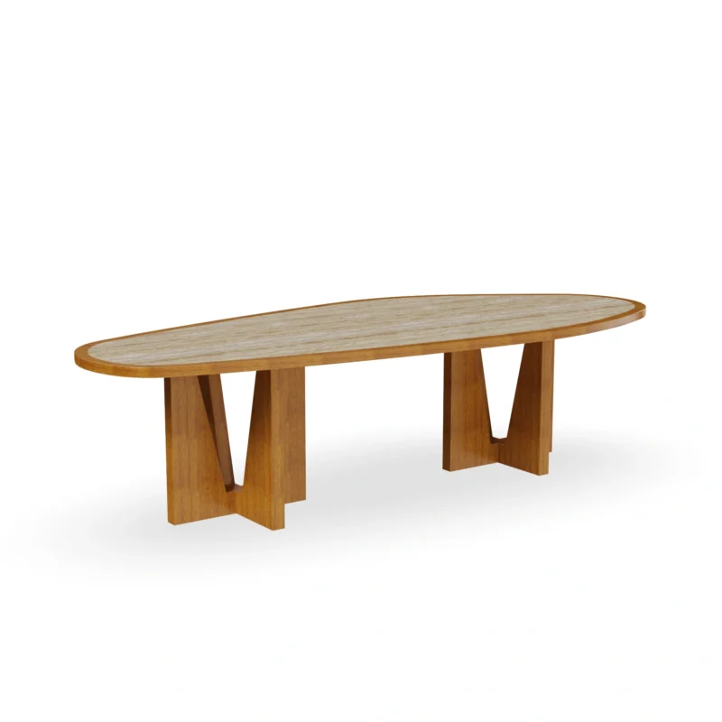 Frontal view of the Alba dining table by Mediterrazza, showcasing the light-toned iroko wood base and the solid travertine stone top.