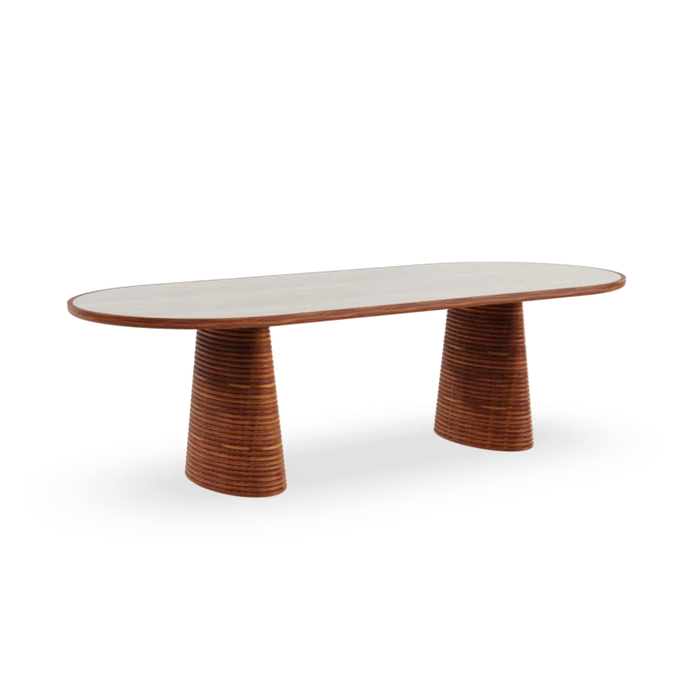 A direct look at the Altea dining table by Mediterrazza, where the warm tones of the iroko wood base support a smooth, rectangular travertine top.
