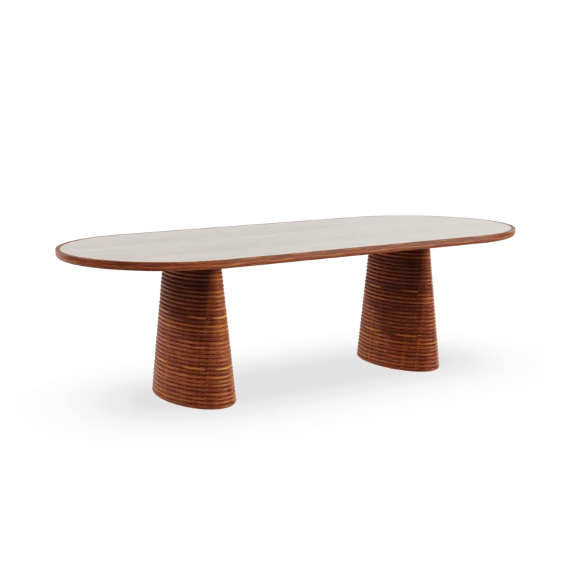 A direct look at the Altea dining table by Mediterrazza, where the warm tones of the iroko wood base support a smooth, rectangular travertine top.