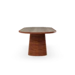 Side profile of the Altea dining table, highlighting the slim architectural silhouette and the solid construction of the premium iroko frame.