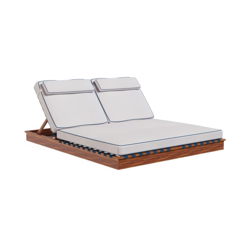 Altea double sunbed by Mediterrazza in synthetic cord and cream fabric, featuring elegant blue piping and a Mediterranean aesthetic.