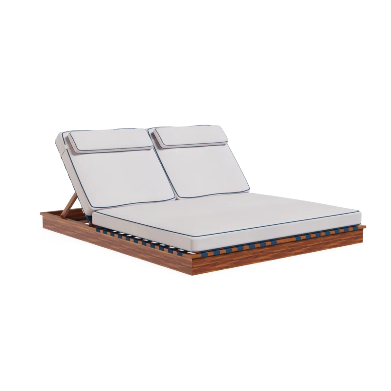 Altea double sunbed by Mediterrazza in synthetic cord and cream fabric, featuring elegant blue piping and a Mediterranean aesthetic.