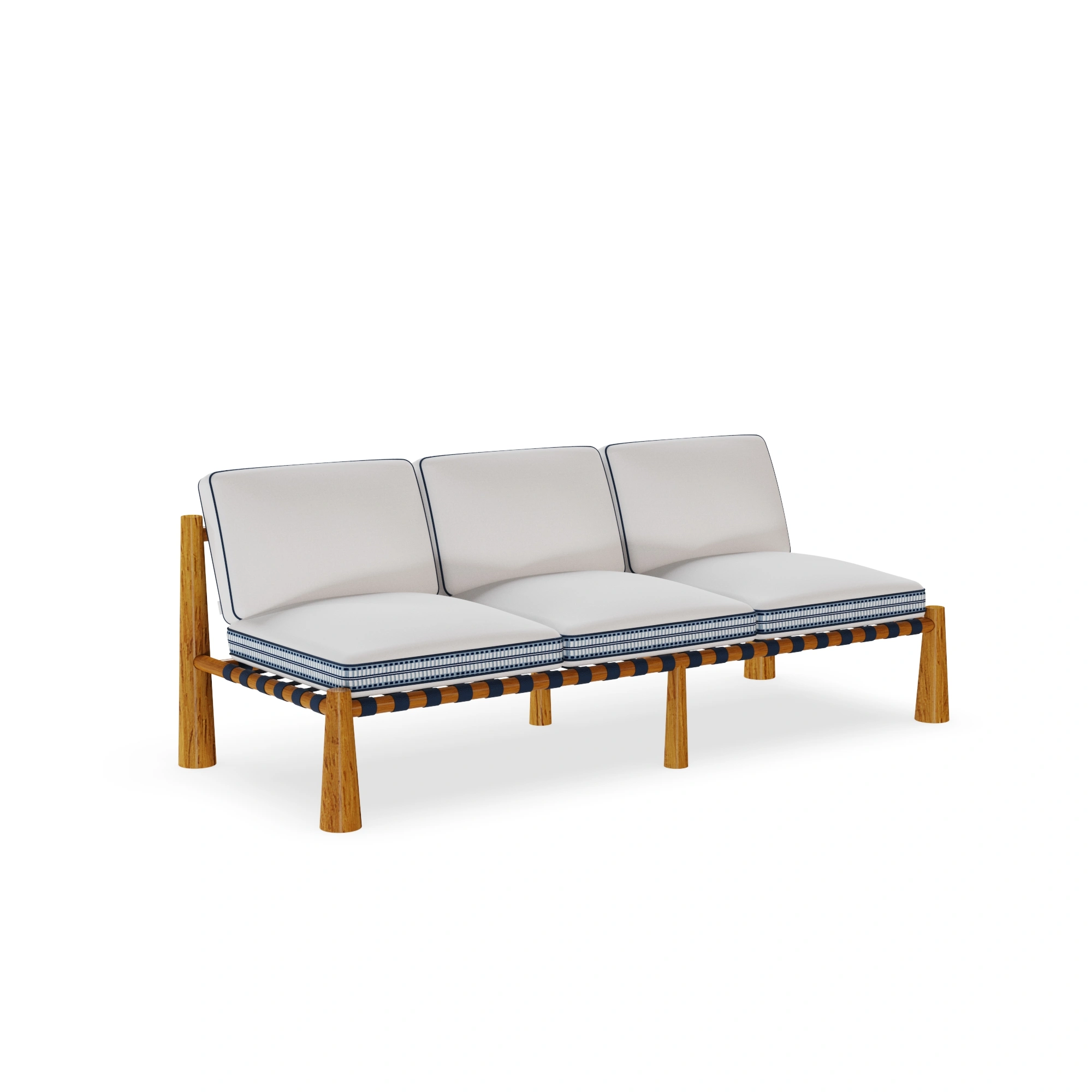 amalfi-sofa-front-view-2-mediterrazza Amalfi Sofa by Mediterrazza, Outdoor Sofa in Iroko Wood, Fabric, Cord. Lifestyle front view set in a bespoke Mediterranean outdoor living space.