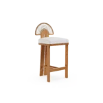 Antibes Bar Chair by Mediterrazza, Outdoor Bar Chair in Iroko Wood, Textile, Cord. Lifestyle front view set in a bespoke Mediterranean outdoor living space.