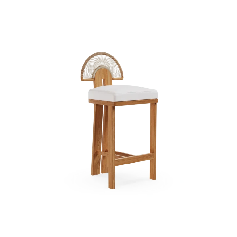 Antibes Bar Chair by Mediterrazza, Outdoor Bar Chair in Iroko Wood, Textile, Cord. Lifestyle front view set in a bespoke Mediterranean outdoor living space.