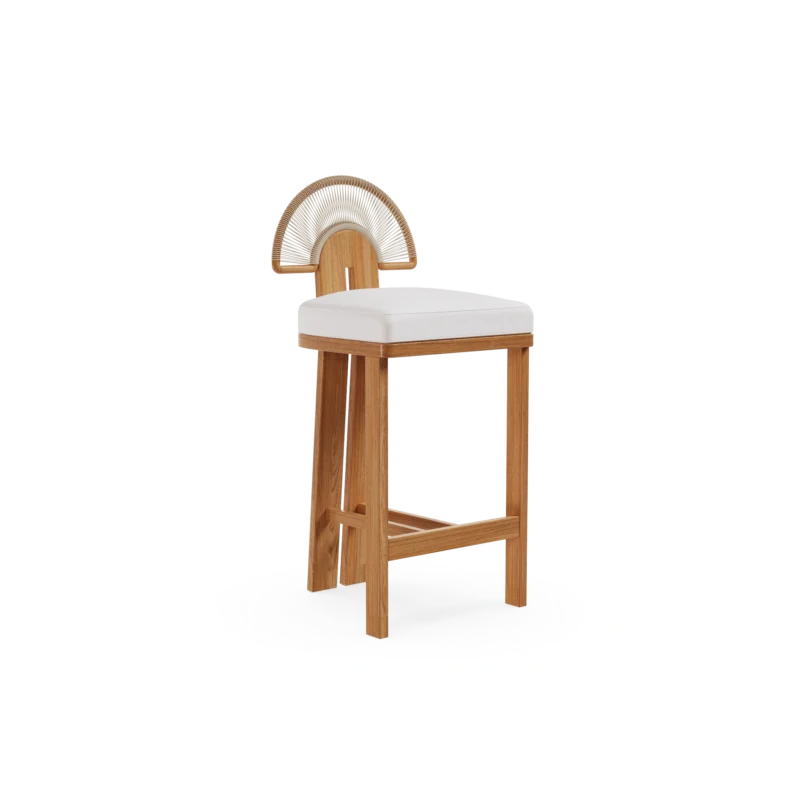 Antibes Bar Chair by Mediterrazza, Outdoor Bar Chair in Iroko Wood, Textile, Cord. Lifestyle front view set in a bespoke Mediterranean outdoor living space.
