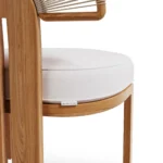 Antibes Dining Chair by Mediterrazza – close-up of Iroko Wood, Textile, Cord craftsmanship. Luxury Outdoor Dining Chair detail shot highlighting artisanal cord and frame quality.