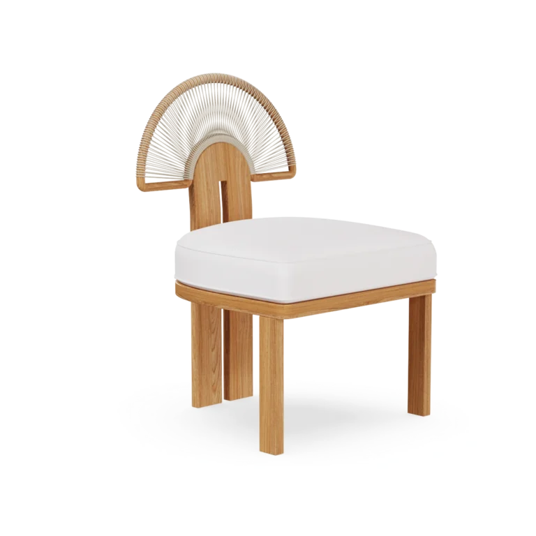 Antibes Dining Chair by Mediterrazza, Outdoor Dining Chair in Iroko Wood, Textile, Cord. Lifestyle front view set in a bespoke Mediterranean outdoor living space.