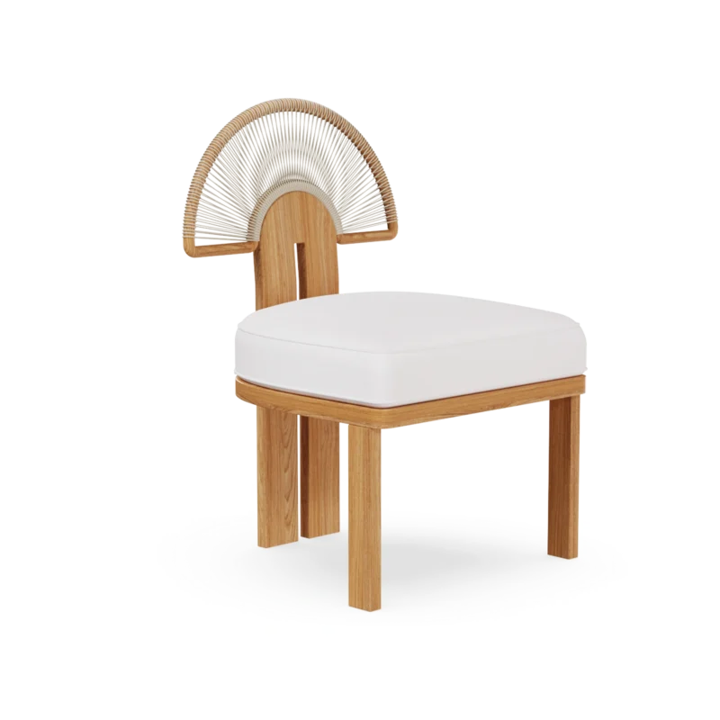 Antibes Dining Chair by Mediterrazza, Outdoor Dining Chair in Iroko Wood, Textile, Cord. Lifestyle front view set in a bespoke Mediterranean outdoor living space.