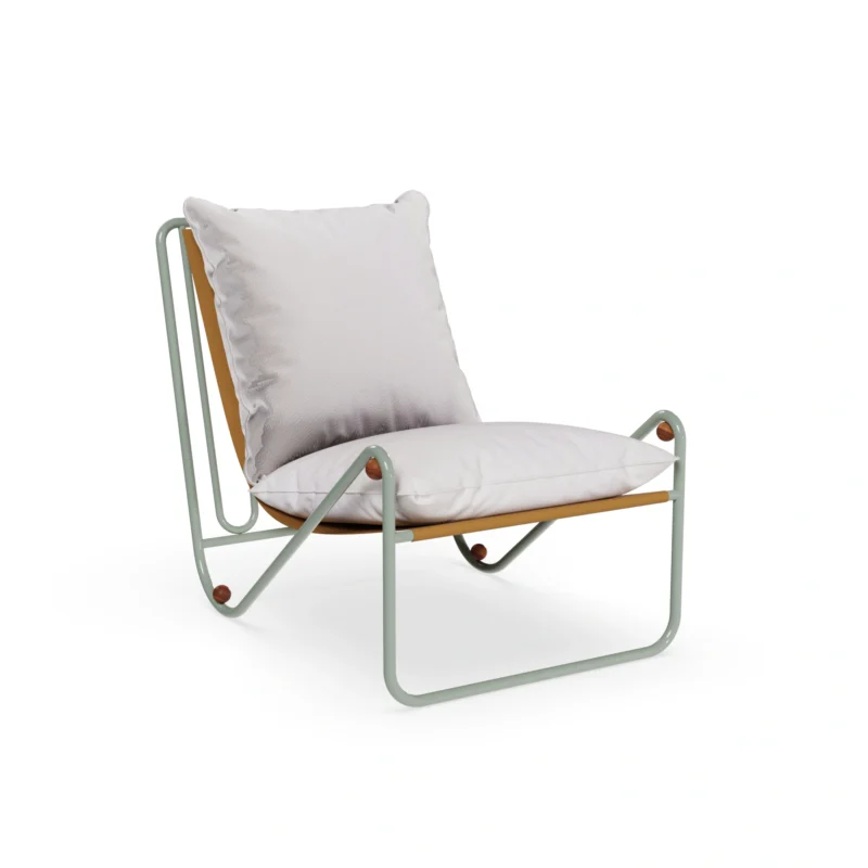 Bandol Armchair by Mediterrazza, Outdoor Armchair in Lacquered Metal, Fabric, Leather. Lifestyle front view set in a bespoke Mediterranean outdoor living space.