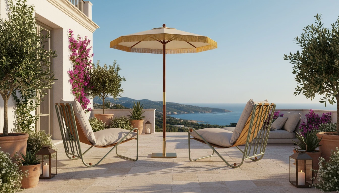 Mediterranean terrace with Mediterrazza lounge chairs and a fringed parasol, surrounded by olive trees and bougainvillea, overlooking the sea