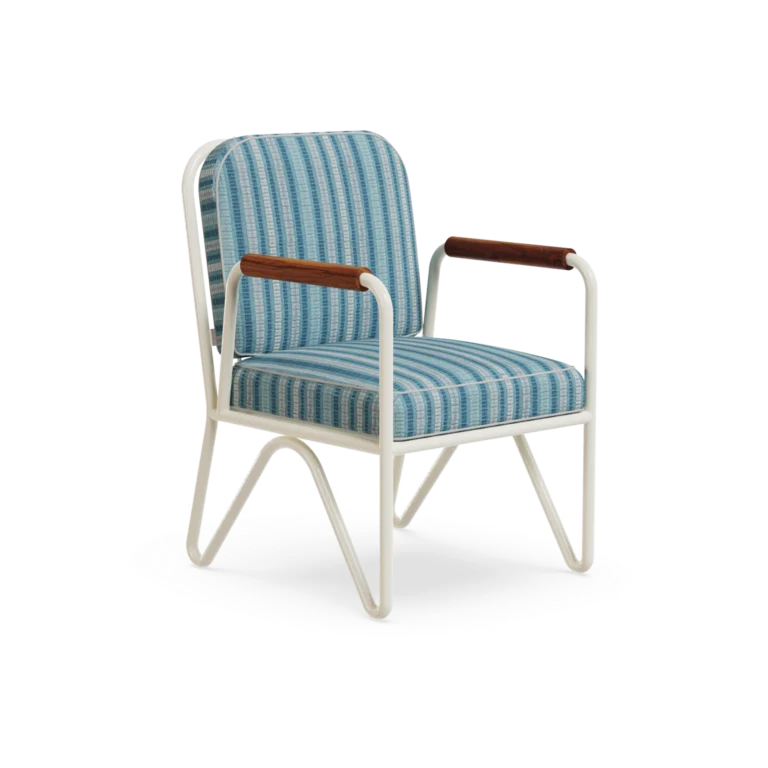 Banús Dining Chair by Mediterrazza, Outdoor Dining Chair in Lacquered Metal, Fabric, Cord. Lifestyle front view set in a bespoke Mediterranean outdoor living space.