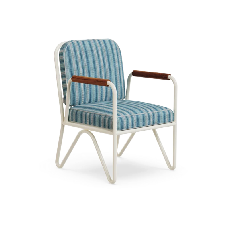 Banús Dining Chair by Mediterrazza, Outdoor Dining Chair in Lacquered Metal, Fabric, Cord. Lifestyle front view set in a bespoke Mediterranean outdoor living space.