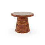 Bari side table by Mediterrazza in iroko wood and travertine, sculptural accent piece with a ribbed wood base and round stone top.