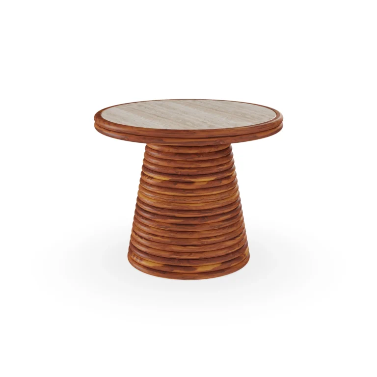Bari side table by Mediterrazza in iroko wood and travertine, sculptural accent piece with a ribbed wood base and round stone top.