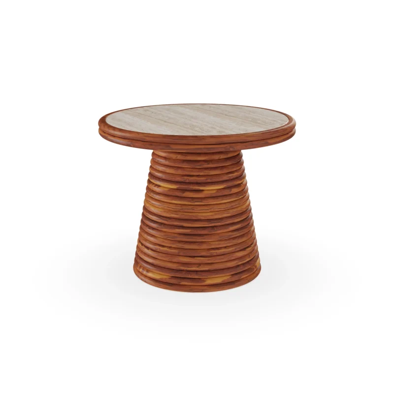 Bari side table by Mediterrazza in iroko wood and travertine, sculptural accent piece with a ribbed wood base and round stone top.