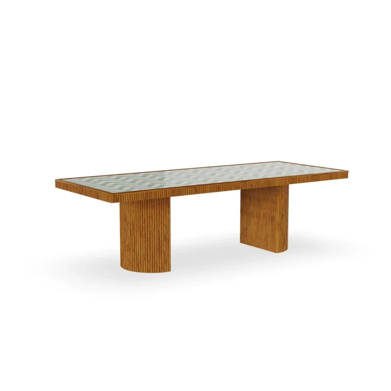 Benirrás dining table by Mediterrazza in iroko wood, featuring a ribbed sculptural base and a geometric green and white ceramic top.