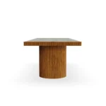 Side profile of the Benirrás dining table, highlighting the architectural ribbed base and the sleek, inlaid edge of the tabletop.