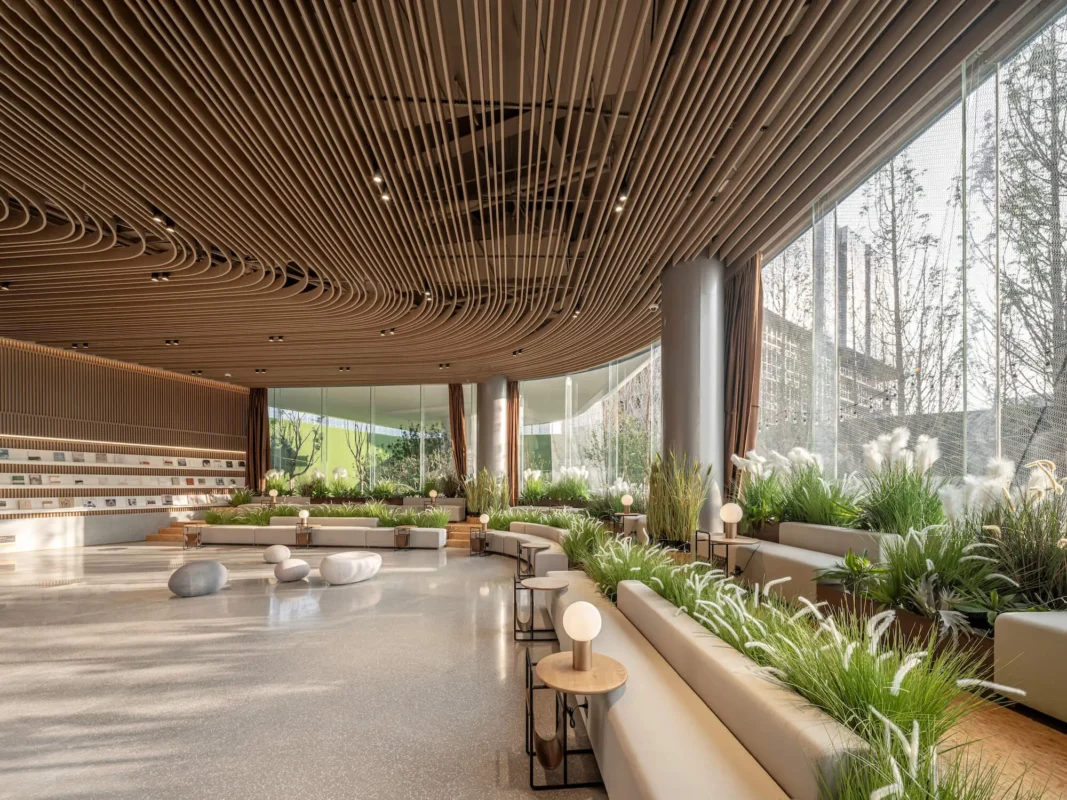 Spacious biophilic lobby with flowing wooden ceiling panels, indoor greenery, and modern seating.