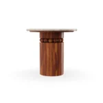 Bonifacio outdoor side table by Mediterrazza, handcrafted travertine top with a solid iroko base and intricate carved design details.