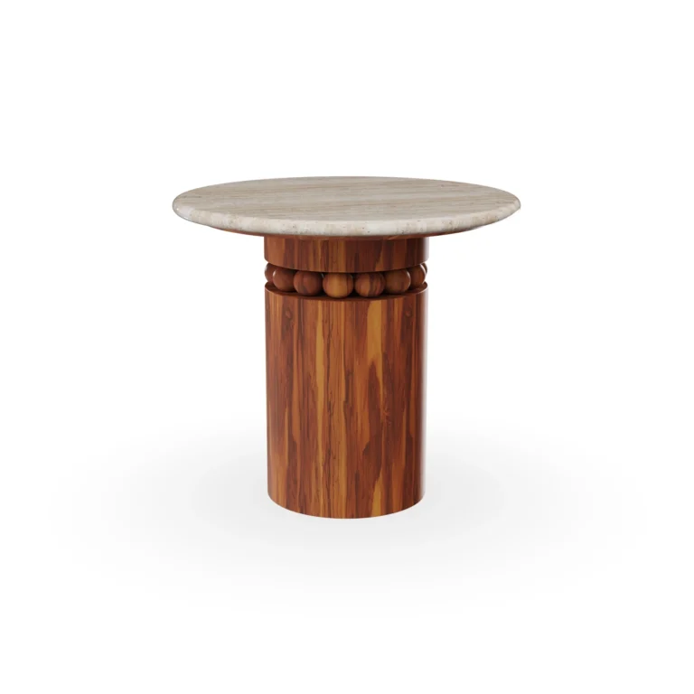 Bonifacio side table by Mediterrazza in travertine and iroko wood, handcrafted outdoor piece with a natural stone top and carved base.