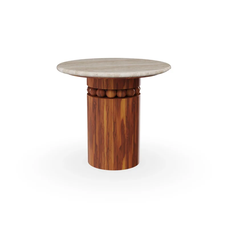 Bonifacio side table by Mediterrazza in travertine and iroko wood, handcrafted outdoor piece with a natural stone top and carved base.