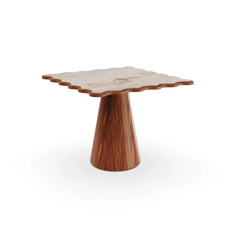 Cagliari dining table by Mediterrazza featuring a sculptural iroko wood conical base and a premium Aegean Rose marble top.