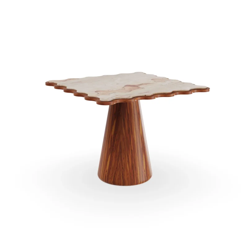 Cagliari dining table by Mediterrazza featuring a sculptural iroko wood conical base and a premium Aegean Rose marble top.