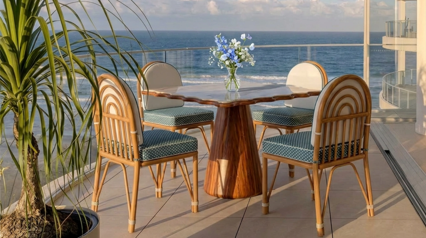 Organic edge wooden dining table with a conical base and four dining chairs, overlooking the sea.