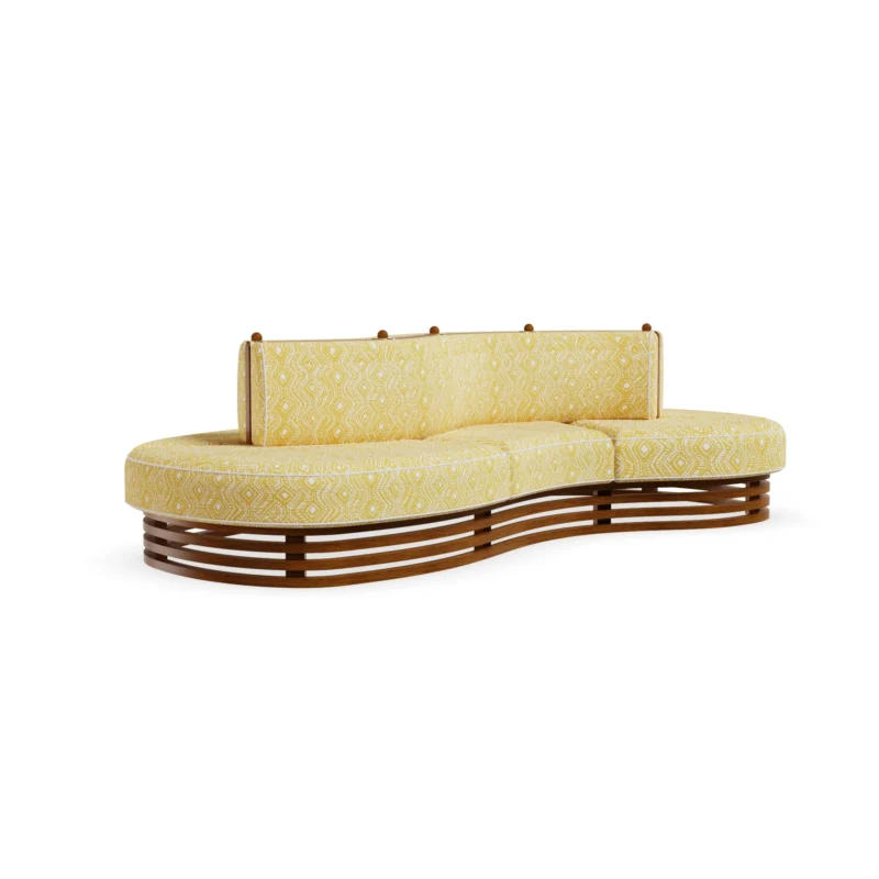 Camogli Sofa by Mediterrazza, Outdoor Sofa in Lacquered Metal, Fabric. Lifestyle front view set in a bespoke Mediterranean outdoor living space.
