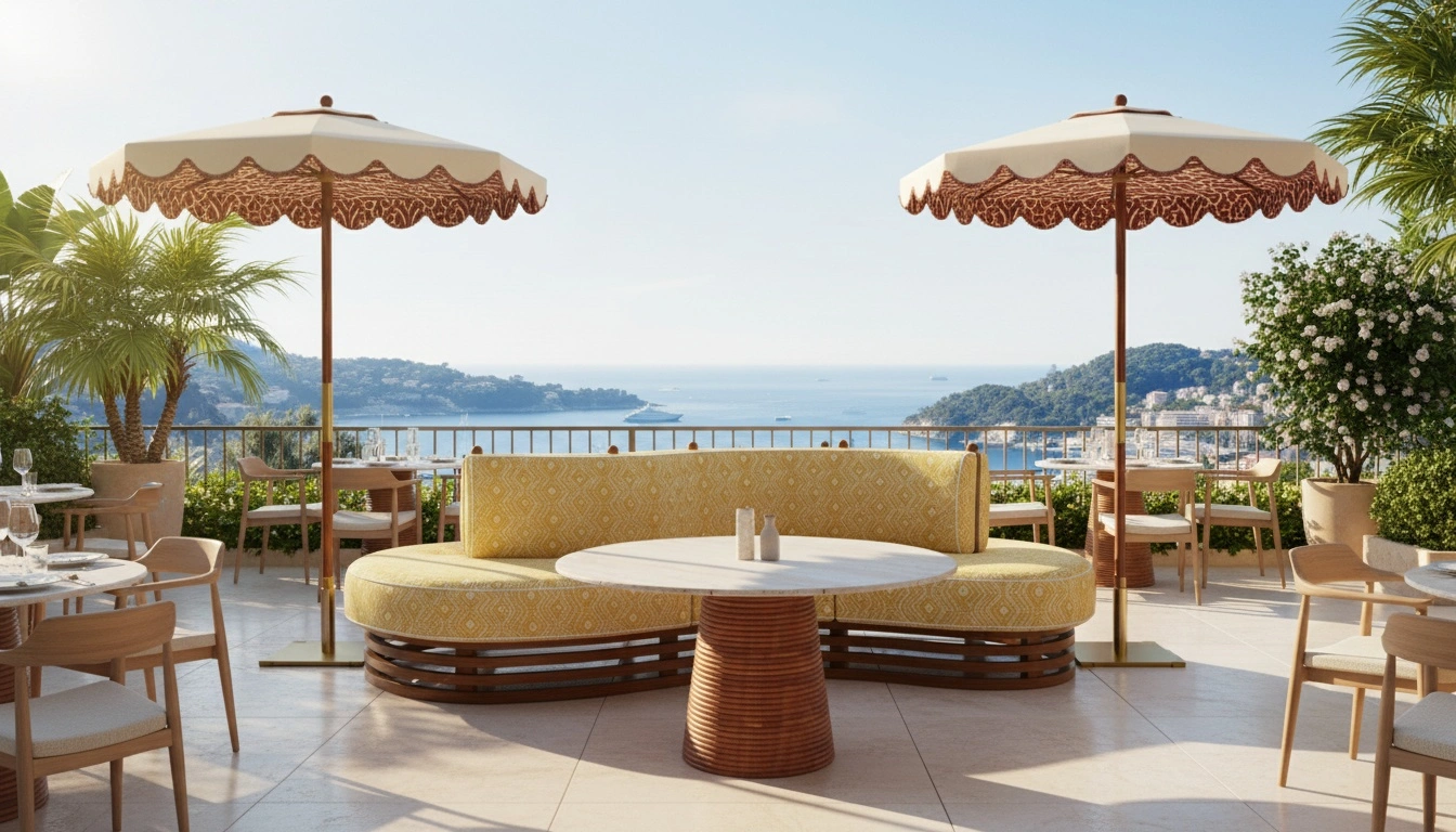 Curved yellow outdoor sofa with patterned upholstery and round wooden table on a Mediterranean terrace with ocean views and parasols.