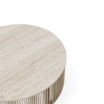 Capri outdoor table by Mediterrazza with travertine top, contemporary metal frame wrapped in synthetic cord for a refined, textured look.