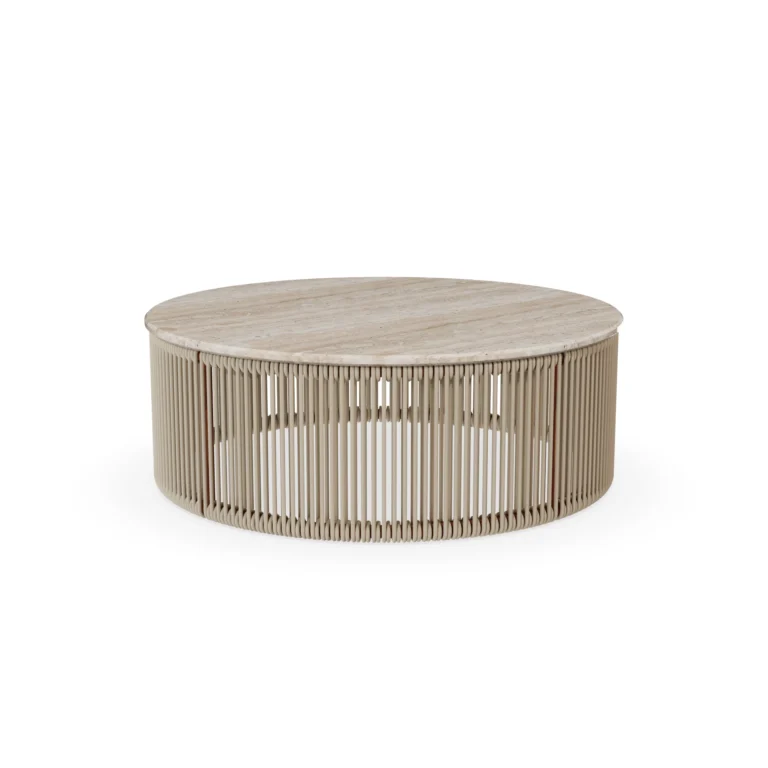 Capri coffee table by Mediterrazza in travertine and synthetic cord, circular metal structure with a refined natural stone top.