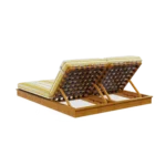 Rear view of the Cassis sunbed by Mediterrazza, highlighting the backrest with intertwined synthetic leather straps and iroko wood.