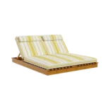 Front view of the Cassis sun lounger by Mediterrazza in iroko wood, featuring striped fabric cushions and a double-seated design.