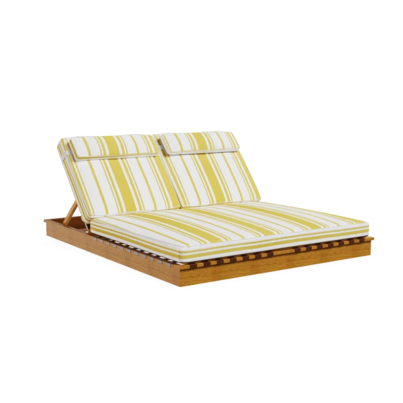 Front view of the Cassis sun lounger by Mediterrazza in iroko wood, featuring striped fabric cushions and a double-seated design.