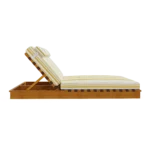 Side profile of the Cassis sun lounger by Mediterrazza, emphasizing its sleek iroko wood silhouette and plush striped outdoor cushions.