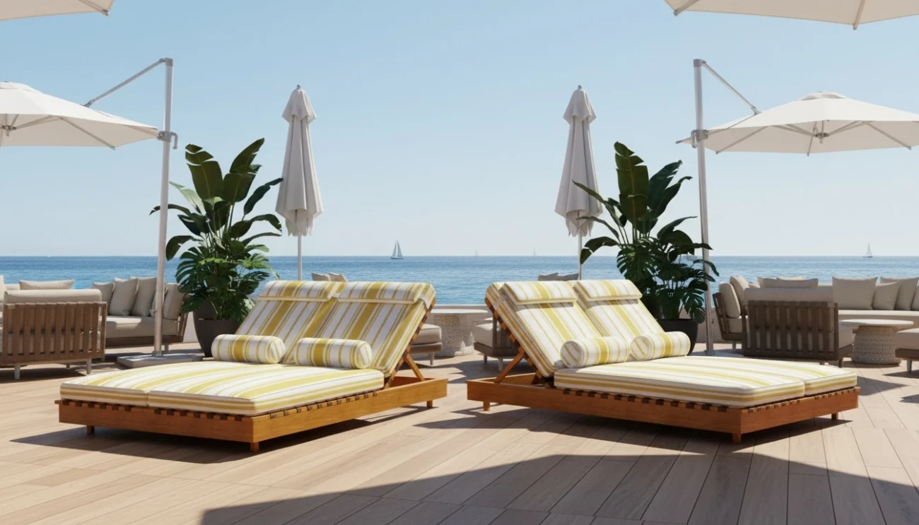 Pair of luxury wooden Altea double sunbeds with yellow striped cushions and bolster pillows on a beachfront deck under white parasols, overlooking the ocean.