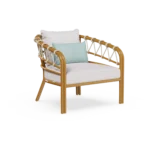 Cefalù Armchair by Mediterrazza, Outdoor Armchair in Lacquered Metal, Fabric, Cord. Lifestyle front view set in a bespoke Mediterranean outdoor living space.