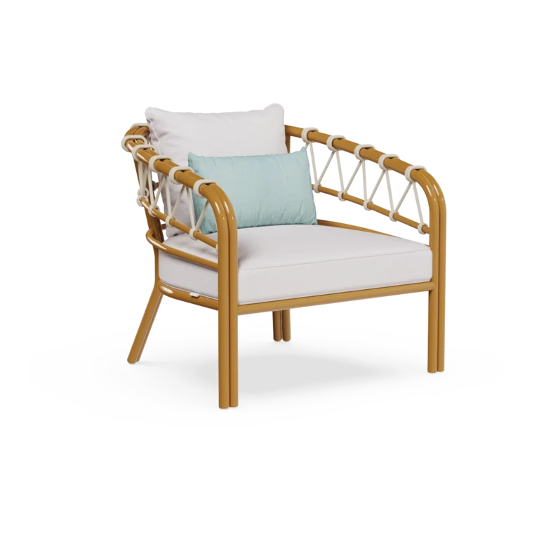 Cefalù Armchair by Mediterrazza, Outdoor Armchair in Lacquered Metal, Fabric, Cord. Lifestyle front view set in a bespoke Mediterranean outdoor living space.