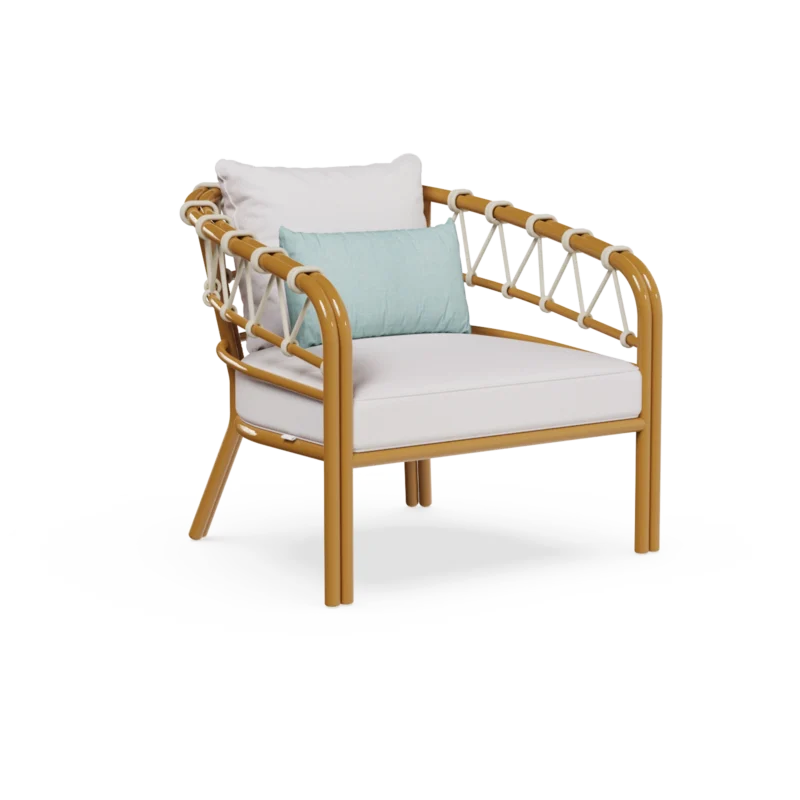 Cefalù Armchair by Mediterrazza, Outdoor Armchair in Lacquered Metal, Fabric, Cord. Lifestyle front view set in a bespoke Mediterranean outdoor living space.