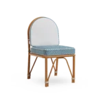 Corfu Dining Chair by Mediterrazza, Outdoor Dining Chair in Iroko Wood, Fabric, Cord. Lifestyle front view set in a bespoke Mediterranean outdoor living space.