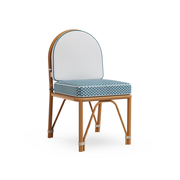 Corfu Dining Chair by Mediterrazza, Outdoor Dining Chair in Iroko Wood, Fabric, Cord. Lifestyle front view set in a bespoke Mediterranean outdoor living space.