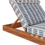 Close-up of the Corsica sunbed by Mediterrazza, focusing on the Mediterranean patterned fabric and the delicate piping craftsmanship.