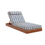 Front view of the Corsica sunbed by Mediterrazza in iroko wood, featuring patterned fabric cushions with refined piping detail.